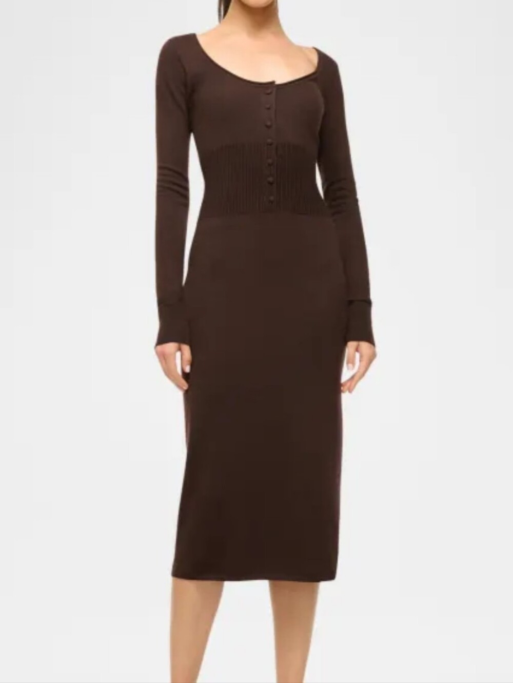 Staud Sabrina Merino Wool Brown Long-Sleeve Ribbed Knit Midi Dress Sz XL Minimal
